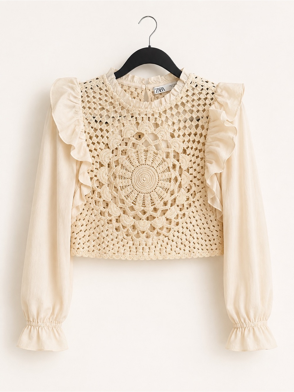 Zara Cream Crochet Ruffle Long Sleeve Blouse NWT Size S